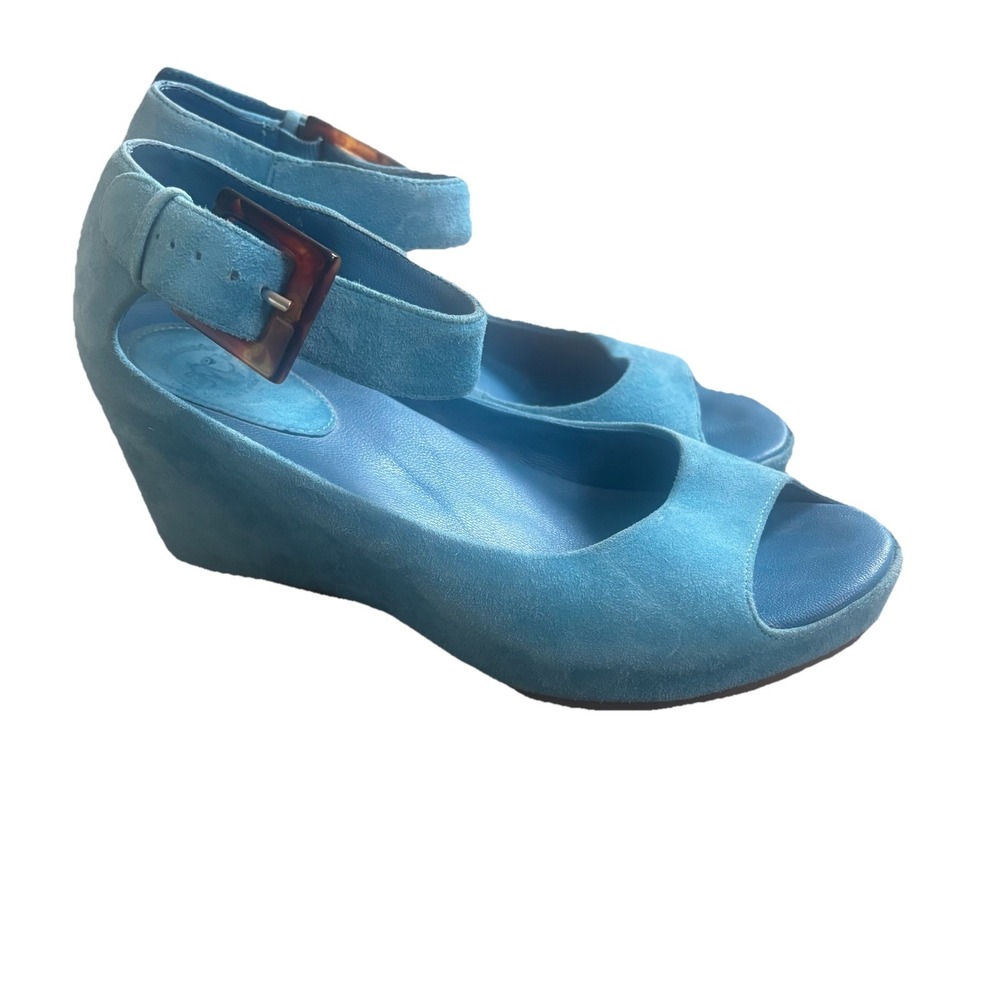 Johnston & Murphy Women's 7M Blue Suede Wedge Peel Toe‎ Sandals Tortoise Buckle